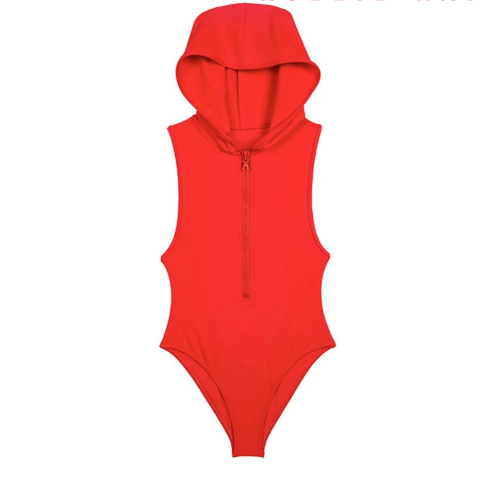 Red, Clothing, Hood, Outerwear, Sleeve, One-piece swimsuit, Hoodie, Jacket, Zipper, 