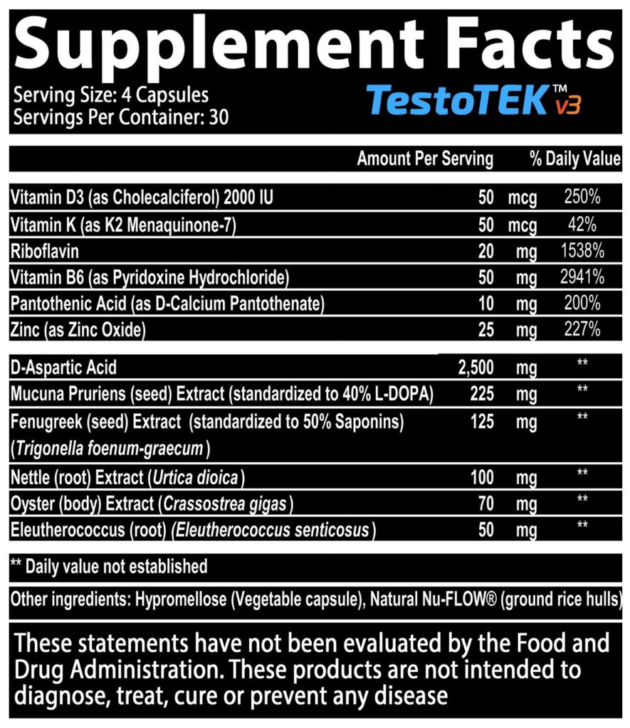 TestoTek V3 Supplement Facts
