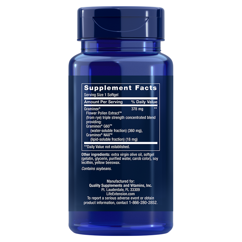 Life Extension 30 softgels of Triple Strength ProstaPollen, supplement facts