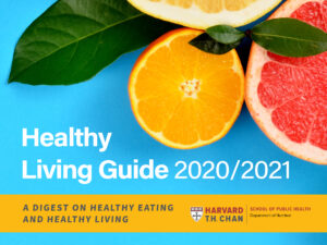 Image of cut citrus fruit on a blue background with the text "Healthy Living Guide 2020/2021: a digest on healthy eating and healthy living"