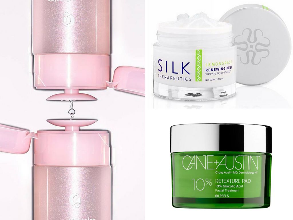 Clockwise from left: <a href="https://www.glossier.com/products/solution" target="_blank" role="link" js-entry-link cet-external-link" data-vars-item-name="Glossier Solution" data-vars-item-type="text" data-vars-unit-name="5b68706ae4b0de86f4a3cf8e" data-vars-unit-type="buzz_body" data-vars-target-content-id="https://www.glossier.com/products/solution" data-vars-target-content-type="url" data-vars-type="web_external_link" data-vars-subunit-name="article_body" data-vars-subunit-type="component" data-vars-position-in-subunit="9">Glossier Solution</a>, out of stock at press time; <a href="https://silktherapeutics.com/collections/all-products/products/renewing-peel" target="_blank" role="link" js-entry-link cet-external-link" data-vars-item-name="Silk Therapeutics renewing peel" data-vars-item-type="text" data-vars-unit-name="5b68706ae4b0de86f4a3cf8e" data-vars-unit-type="buzz_body" data-vars-target-content-id="https://silktherapeutics.com/collections/all-products/products/renewing-peel" data-vars-target-content-type="url" data-vars-type="web_external_link" data-vars-subunit-name="article_body" data-vars-subunit-type="component" data-vars-position-in-subunit="10">Silk Therapeutics renewing peel</a>, $70; <a href="https://www.sephora.com/product/acne-retexture-pad-P409543?skuId=1829399&icid2=products%20grid:p409543" target="_blank" role="link" js-entry-link cet-external-link" data-vars-item-name="Cane + Austen Retexture Pad" data-vars-item-type="text" data-vars-unit-name="5b68706ae4b0de86f4a3cf8e" data-vars-unit-type="buzz_body" data-vars-target-content-id="https://www.sephora.com/product/acne-retexture-pad-P409543?skuId=1829399&icid2=products%20grid:p409543" data-vars-target-content-type="url" data-vars-type="web_external_link" data-vars-subunit-name="article_body" data-vars-subunit-type="component" data-vars-position-in-subunit="11">Cane + Austen Retexture Pad</a>s, 10%, $60