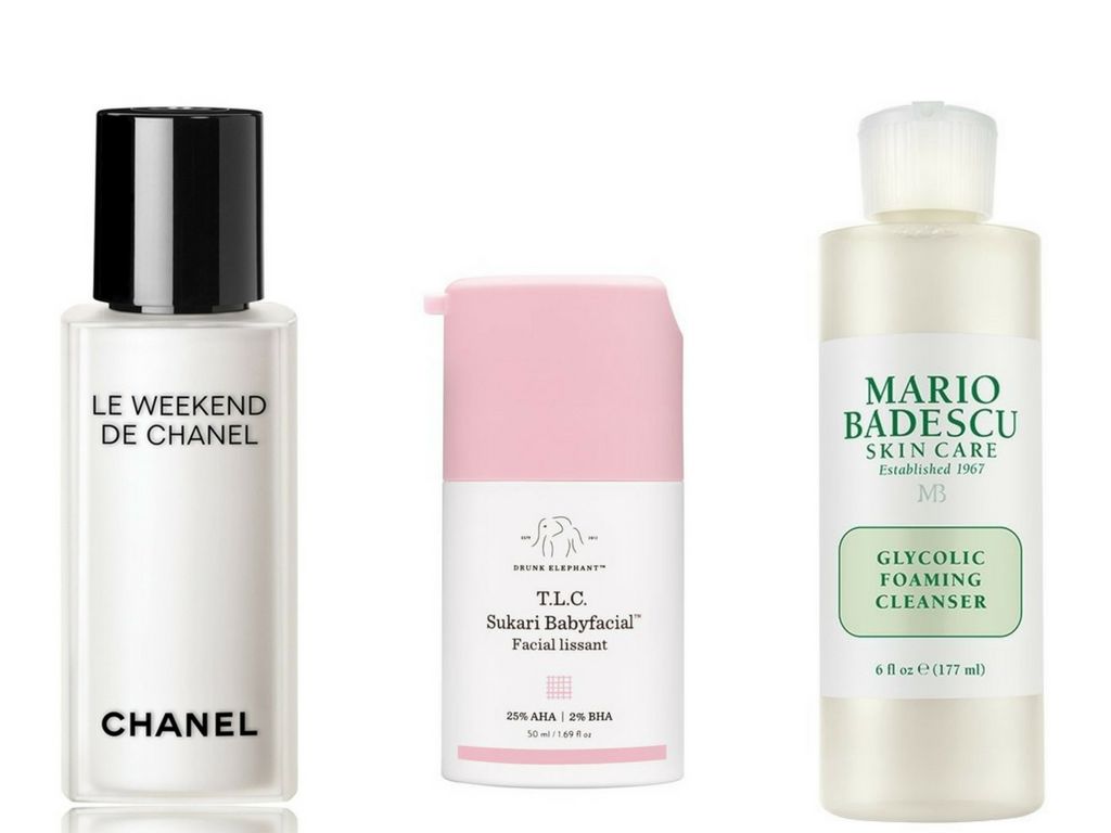 <a href="https://shop.nordstrom.com/s/chanel-le-weekend-de-chanel-weekly-renewing-face-care/3521734" target="_blank" role="link" js-entry-link cet-external-link" data-vars-item-name=" Chanel Le Weekend de Chanel" data-vars-item-type="text" data-vars-unit-name="5b68706ae4b0de86f4a3cf8e" data-vars-unit-type="buzz_body" data-vars-target-content-id="https://shop.nordstrom.com/s/chanel-le-weekend-de-chanel-weekly-renewing-face-care/3521734" data-vars-target-content-type="url" data-vars-type="web_external_link" data-vars-subunit-name="article_body" data-vars-subunit-type="component" data-vars-position-in-subunit="12"> Chanel Le Weekend de Chanel</a>, $115; <a href="https://www.drunkelephant.com/products/t-l-c-sukari-babyfacial" target="_blank" role="link" js-entry-link cet-external-link" data-vars-item-name="Drunk Elephant T.L.C. Sukari Babyfacial" data-vars-item-type="text" data-vars-unit-name="5b68706ae4b0de86f4a3cf8e" data-vars-unit-type="buzz_body" data-vars-target-content-id="https://www.drunkelephant.com/products/t-l-c-sukari-babyfacial" data-vars-target-content-type="url" data-vars-type="web_external_link" data-vars-subunit-name="article_body" data-vars-subunit-type="component" data-vars-position-in-subunit="13">Drunk Elephant T.L.C. Sukari Babyfacial</a>, $80; <a href="https://www.mariobadescu.com/product/glycolic-foaming-cleanser" target="_blank" role="link" js-entry-link cet-external-link" data-vars-item-name="Mario Badescu Glycolic Foaming Cleanser" data-vars-item-type="text" data-vars-unit-name="5b68706ae4b0de86f4a3cf8e" data-vars-unit-type="buzz_body" data-vars-target-content-id="https://www.mariobadescu.com/product/glycolic-foaming-cleanser" data-vars-target-content-type="url" data-vars-type="web_external_link" data-vars-subunit-name="article_body" data-vars-subunit-type="component" data-vars-position-in-subunit="14">Mario Badescu Glycolic Foaming Cleanser</a>, $16